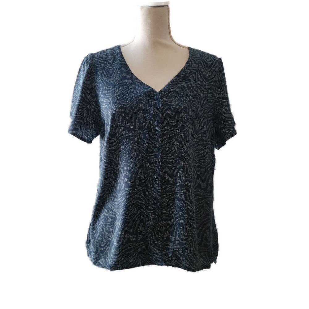 GoodThreads Fluid Twill Marble Navy Wave Covered-Button Short-Sleeve Shirt Sz L